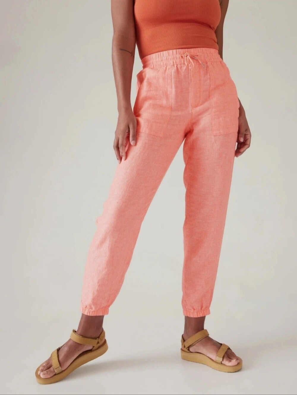 Athleta Retreat Linen Joggers in Sunset Glow Coral Pink Relaxed Fit with Pockets